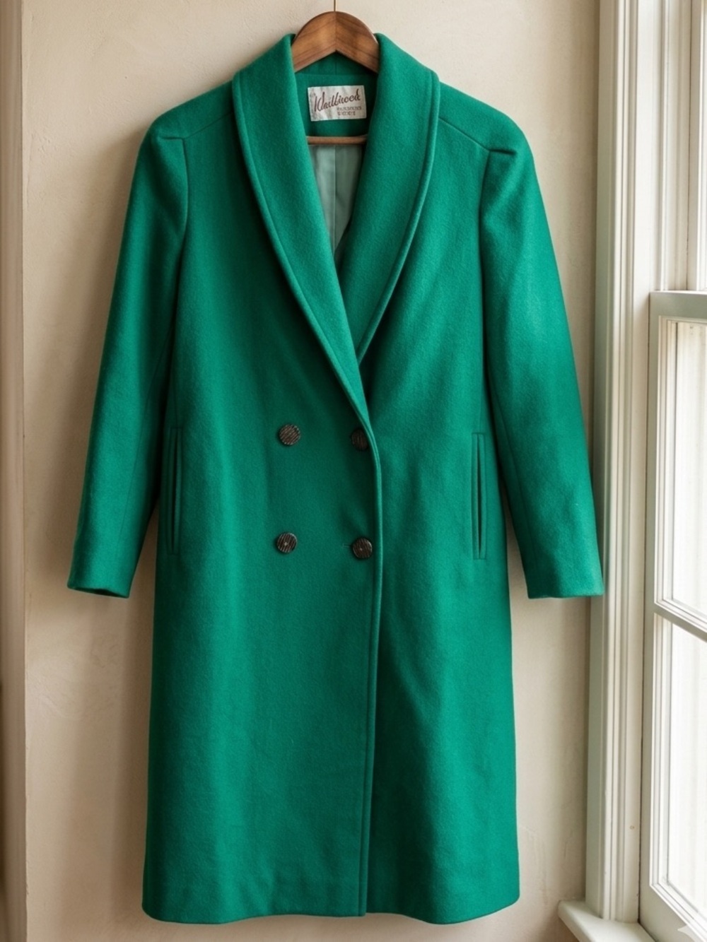 VTG Westbrook Wool Kelly Green Midi Coat Double Breasted Shawl Collar Preppy